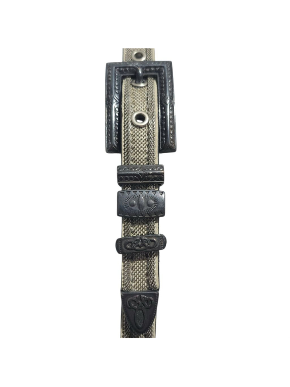 Vtg Streets Ahead Santa Monica Mesh Belt Silver Tooled Western Buckle Boho 32 L